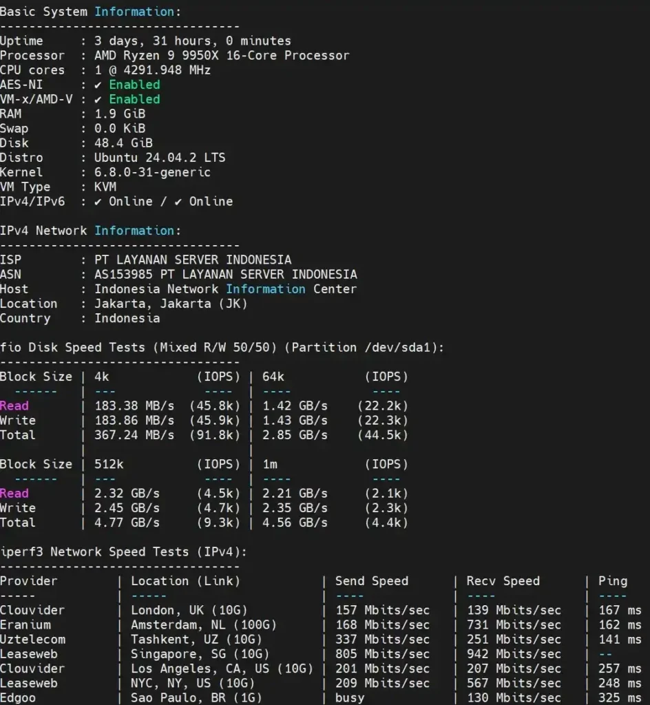 VPS AMD Ryzen 9950X 1 Core 2 GB RAM - Server Jumbo 3 benchmark iops vps ryzen 9950X server jumbo